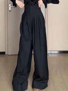 Pantalones de pierna ancha y cintura alta plisados de unicolor con bolsillos en diagonal - Negro - Ver 4
