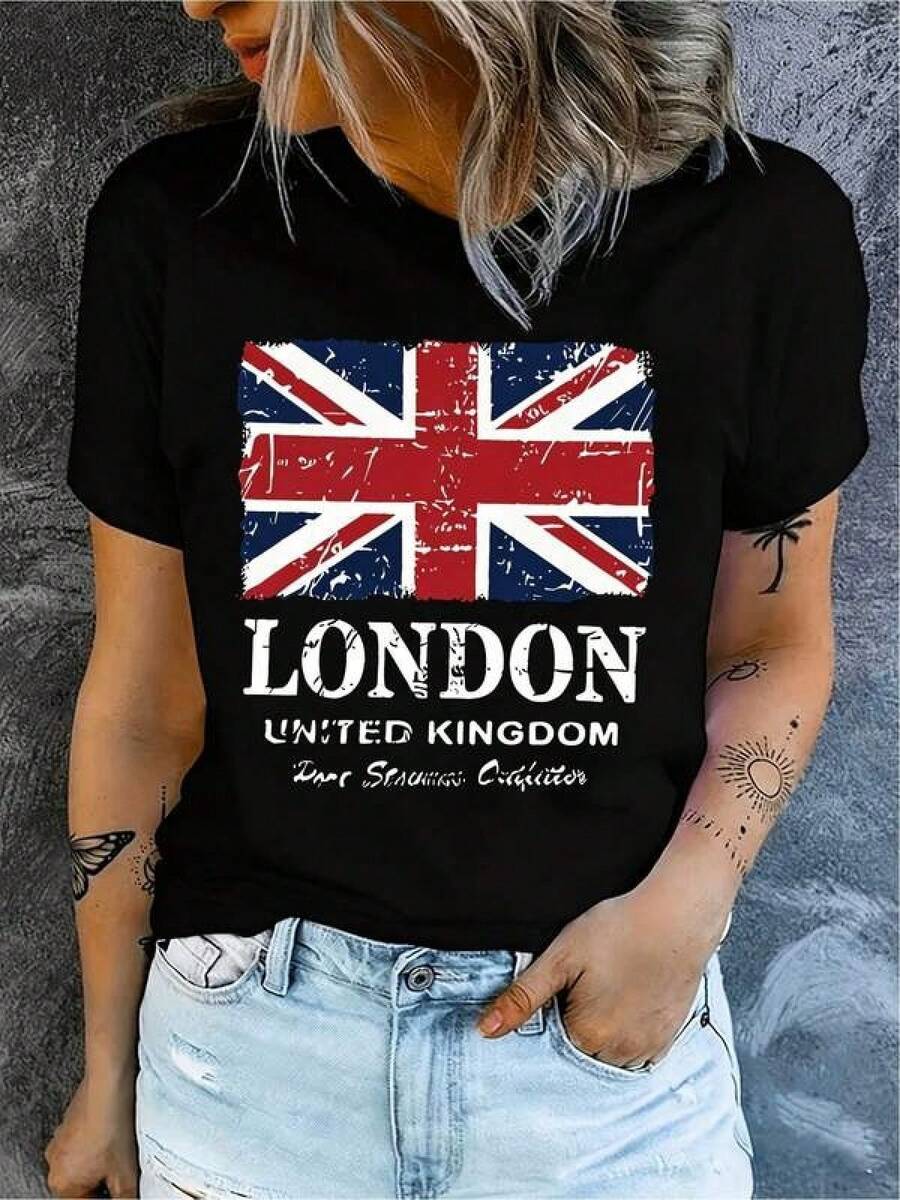 100% Algodón Premium 180g : Camiseta Y2K con diseño vintage de la bandera del Reino Unido perfecta para un estilo urbano moderno ideal para los amantes de la moda mexicana. Única y exclusiva para quienes buscan destacar con un look auténtico y atrevido.. Ropa de Moda Casual Suave y Transpirable para Diario - Negro - Ver 1