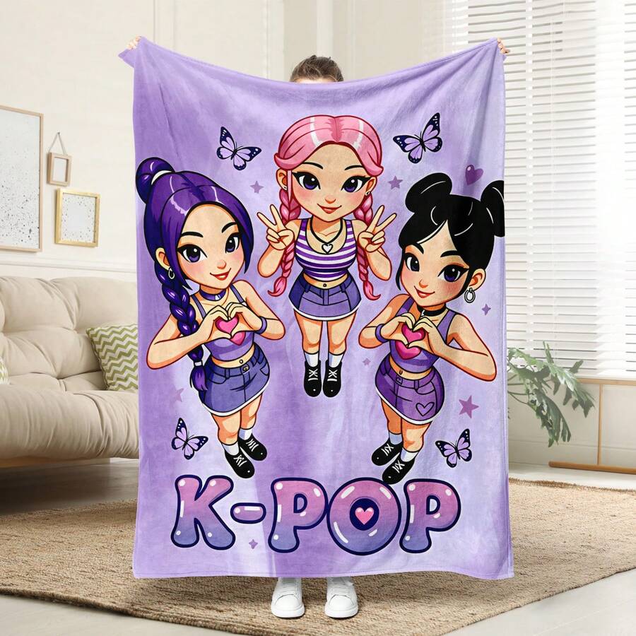1件 K-POP圖案毛毯,高級親膚法蘭絨居家沙發披毯,超柔軟舒適,低致敏面料,數位印花,適用於床鋪、沙發、露營、旅行、汽車,生日與節日裝飾的理想四季禮物,輕奢單品 | 紋理設計 | 耐用面料 - 彩色 - 查看 1