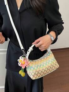 Bolso de mano de piel de serpiente sintética tejida de unicolor de cuero de PU, estilo minimalista, de moda y versátil, viene con un dije de patrón aleatorio - Multicolor - Ver 2