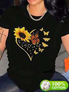 Plus Size Women's Clothing, Cotton T-Shirt, Printed With A Modern "Sunflower Heart And Butterfly" Design. Simple And Elegant. - 黑色 - 查看 1