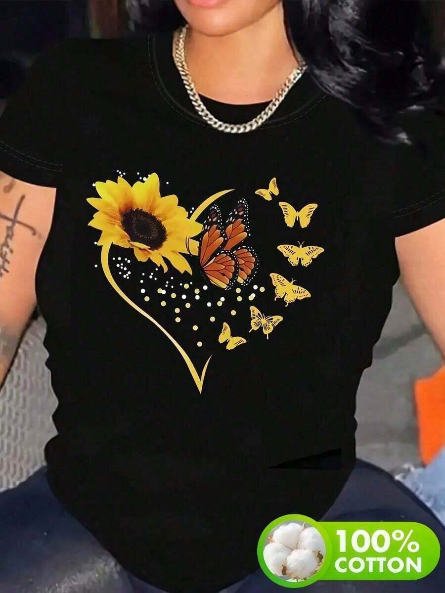 Plus Size Women's Clothing, Cotton T-Shirt, Printed With A Modern "Sunflower Heart And Butterfly" Design. Simple And Elegant. - 黑色 - 查看 1