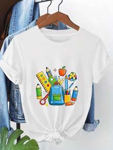 Women's T-Shirts: Vibrant Campus Stationery, Cartoon Backpacks, Pencils, And Apple Designs Printed On Women's Short-Sleeved Crew Neck T-Shirts, Perfect For Spring And Summer. Women's Going-Out T-Shirts. - 白色 - 查看 7