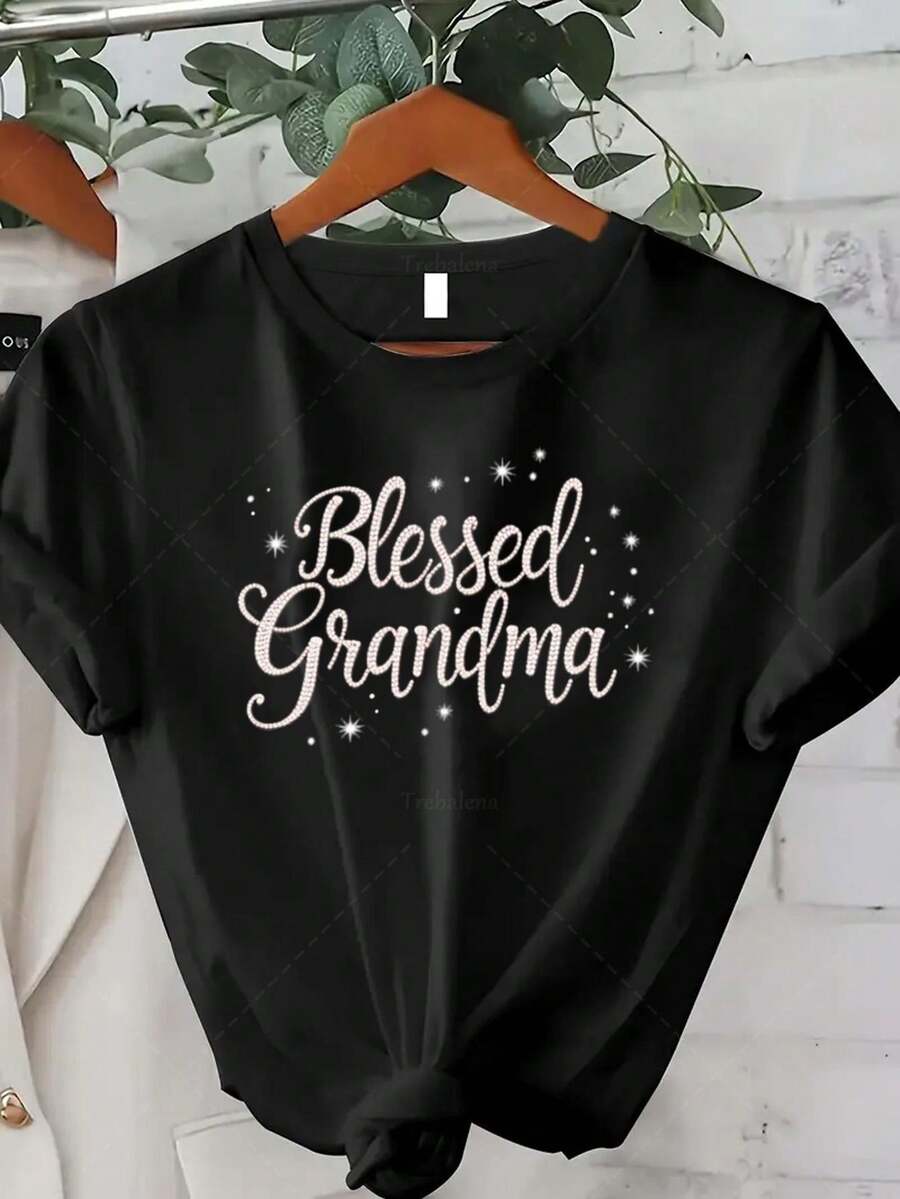 Camiseta Deportiva Casual para Mujer Abuela Bendecida - Camiseta Negra de Manga Corta, Elástica y de Cuello Redondo, Lavable aáquina, Ajuste Cómodo para Todas las Estaciones, Perfecta para Abuelas con Estilo. - Negro - Ver 1
