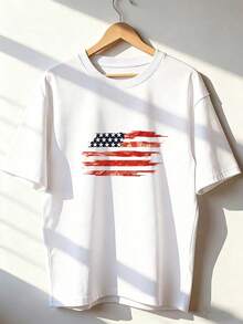 American Flag T-Shirt In Painted Style, Fashionable Short-Sleeve T-Shirt For Spring/Summer 2026, Made In Mexico, 180 Grams. Cartoon Print, Couple Design, Suitable For Indoor Or Outdoor Wear. Crew Neck, Unisex, Ideal For Office And Leisure. One-Pack. - WH-P631577SLNDXZGY613 - 查看 1