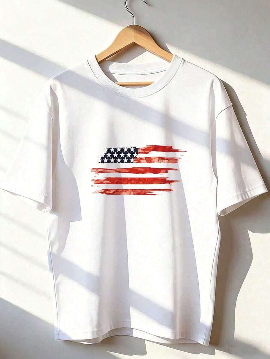 American Flag T-Shirt In Painted Style, Fashionable Short-Sleeve T-Shirt For Spring/Summer 2026, Made In Mexico, 180 Grams. Cartoon Print, Couple Design, Suitable For Indoor Or Outdoor Wear. Crew Neck, Unisex, Ideal For Office And Leisure. One-Pack. - WH-P631577SLNDXZGY613 - 查看 1