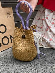 1个编织抽绳水桶包,夏季新款时尚竹编手提包,质感高级,适合度假、通勤、购物 - A - 查看 14