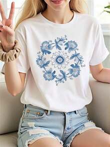 1 Piece Fashion Casual For Men And Women. New Women's Short-Sleeved T-Shirt In Blue And White, Featuring A Floral Design And Hand-Painted Plant Patterns. Made From Soft, Breathable 180G Fabric, It's Perfect For A  Summer Look. Versatile And Easy To Match, This 5PYZ Top Is Suitable For Everyday Wear, Streetwear, Vacation Outfits, And Weekend Getaways. - 白色的 - 查看 7