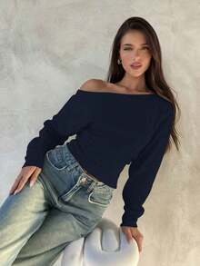 Top de manga larga asimétrico de hombro de punto de color albaricoque para mujer, otoño/invierno - Azul marino - Ver 7