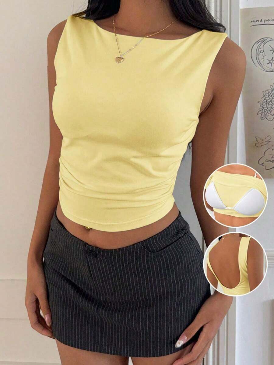 Top de camiseta corta acolchada de algodón blanco, primavera/verano - Amarillo - Ver 1