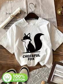| Exquisite Design | Loose And Comfortable | Easy To Match | Women's Casual Spring And Summer Loose-Fitting T-Shirt, Cute Style, Animal Motifs, Text, Cheerful Fox Print, Short Sleeve, Round Neck, Pure Cotton [LangK]. - White - View 1