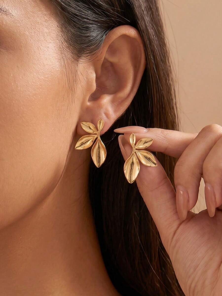 Vintage Leaf Stud Earring For Women Charm Gold Earring,Waterproof Stainlees Steel Jewelry Summer Vacation Jewellery For Wedding Party Daily Gift