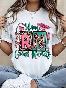 Conjuntos de verano para mujer: Camiseta de cuello redondo con estampado de leopardo y diseño de estetoscopio y jeringa para enfermeras, ideal para el trabajo o uso casual. Tops de verano. - Blanco - Ver 8