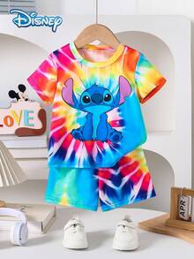 3-Under Toddler Boys' Disney Stitch Tie-Dye Short Sleeve T-Shirt + Matching Shorts 2pcs Set, Casual Vacation Outfit For Daily Wear, Party, Suitable For Infants - Multicolor - View 1