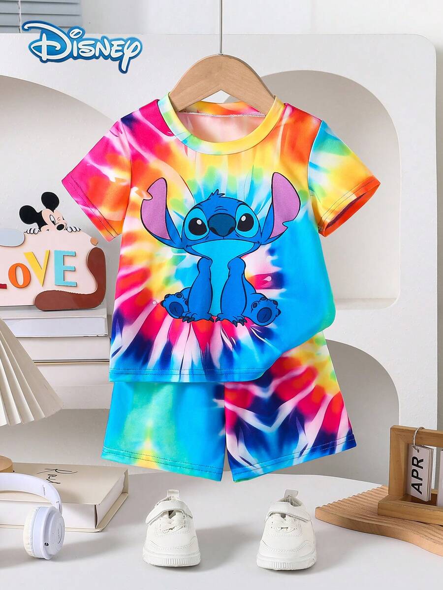 3-Under Toddler Boys' Disney Stitch Tie-Dye Short Sleeve T-Shirt + Matching Shorts 2pcs Set, Casual Vacation Outfit For Daily Wear, Party, Suitable For Infants - Multicolor - View 1