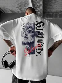 Men's T-Shirt With Vintage Statue Style Letter Print, Suitable For Everyday Casual Wear, Urban Style, Men's Round Neck T-Shirt, Loose Fit. - 白色 - 查看 8