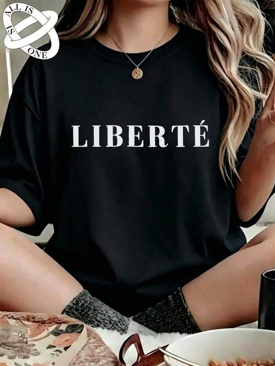 ALL IS ONE Algodón Puro Camiseta mujer Casual Holgada Cómoda Transpirable Vintage Y2K Diseño de Impresión de Texto Libertad Cuello Redondo No se deforma Uso diario Primavera/Verano Manga Corta - Negro - Ver 1