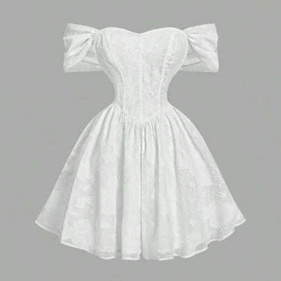 MOD Vestido mini elegante de fiesta con cintura ceñida y estampado floral con hombros descubiertos para mujer - Blanco - Ver 1