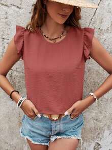 Blusa de verano para mujer con espalda cruzada, volantes y color sólido - Color caoba - Ver 2