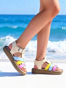 1 Pair Kids' Beige, Pink & Yellow Color Block Flat Sandals, PU Leather & Rubber Woven Color Block Design, Ankle Hook And Loop Closure, Round Toe, Non-Slip Breathable Sole, Sweet Casual Roman Style Sandals, Suitable For 3-12 Years Old Boys & Girls, Spring/Summer 2026 New Arrival - Multicolor - View 3