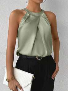 Privé Blusa de satén sin mangas con cuello de volantes de unicolor elegante para la oficina y el trabajo, color champán - Verde - Ver 4