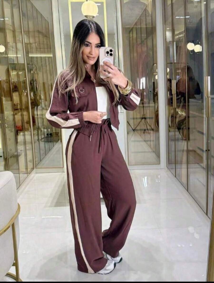 Women's Two-Tone Formal Outfit, Elegant And Comfortable For Travel, Chic Striped Set. - Rust Brown - View 1