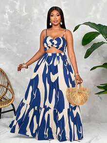 Vestido maxi elegante y casual para mujer de talla grande con estampado floral romántico, sin mangas, con cintura ceñida y nudo, tirantes de espagueti, para vacaciones en la playa, primavera y verano, para el verano en Hawái, vestidos de verano p - Azul marino - Ver 3