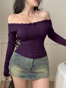 Camiseta ajustada para mujer con hombros descubiertos, con encaje y lazo de contraste, manga larga, top con hombros descubiertos - Morado - Ver 4