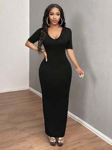 Vestido ajustado corto de manga corta con cuello en V liso para baile de graduación - Negro - Ver 6