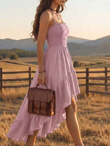 Vestido de mujer de longitud media con cintura ceñida, estilo bohemio casual de vacaciones, parte delantera corta y parte trasera larga - Gris - Ver 3