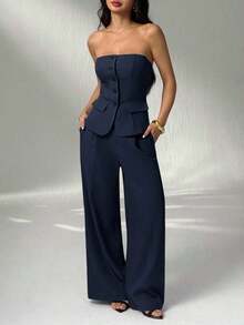 1 Conjunto de Top Camisola Ajustada de unicolor y Pantalones Elegantes para Otoño/Invierno - Azul marino - Ver 5