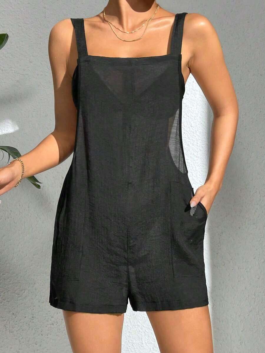 Enterizo de playa para vacaciones con tirantes espagueti y unicolor - Negro - Ver 1