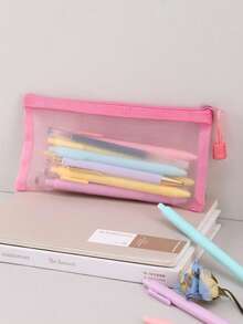 1/2/5pcs Pink Large Capacity Mesh Pencil Case, Suitable For Students, Back To School Supplies, Learning Supplies, Pencil Pouch, Backpack, Stationery - Multicolor - View 4