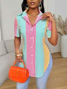 Camisa de mujer de manga corta, ajuste ceñido, con dobladillo curvo dividido, unicolor minimalista, para uso diario y casual en verano - Multicolor 10 - Ver 1