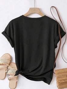 Limited Time Offer, Limited Quantities, Flash ! Women's Casual Shirts, Women's Polyester T-Shirts, Elegant Shirts. Women's Short-Sleeve Casual T-Shirt With Colorful Tree And Butterfly Print - The Perfect Choice For Spring And Summer - 黑色 - 查看 2