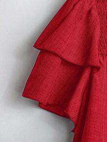 Linhara Blusa casual de verano de talla grande para mujer, de unicolor, cuello redondo, manga corta de doble capa, plisada, de moda versátil para vacaciones - Rojo - Ver 5
