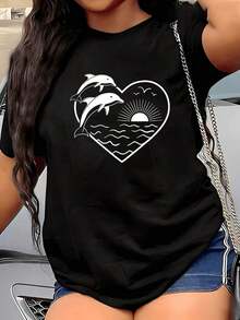 Camiseta de Mujer Talla Grande con Diseño Divertido de Corazón de Delfín y Sol para el Día de San Valentín, Camiseta Gráfica de Manga Corta, Novedosa, 100% Algodón, Cuello Redondo Casual, 220g, blusa casual mujer, playeras de mujer algodón - Negro - Ver 1