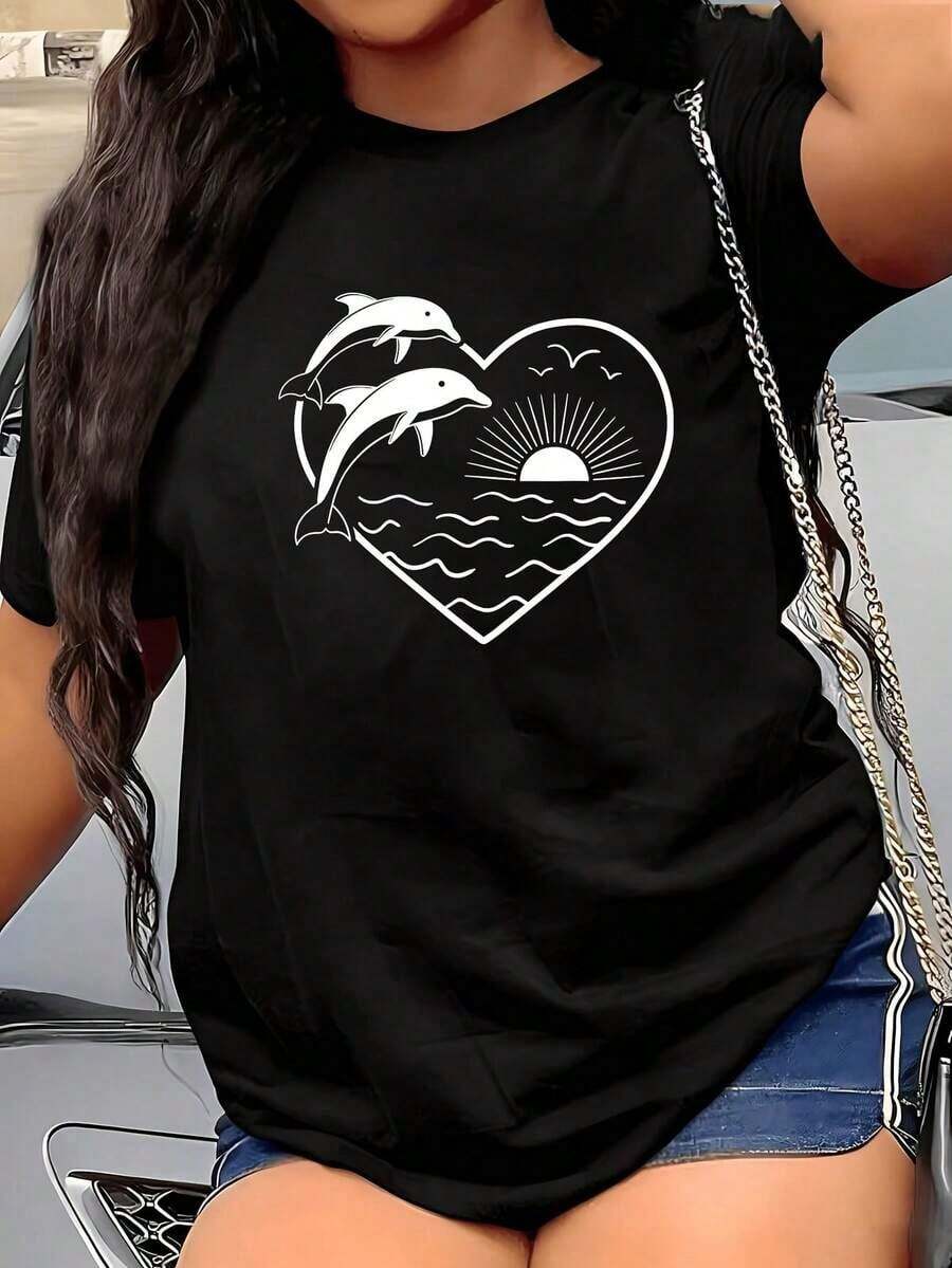 Camiseta de Mujer Talla Grande con Diseño Divertido de Corazón de Delfín y Sol para el Día de San Valentín, Camiseta Gráfica de Manga Corta, Novedosa, 100% Algodón, Cuello Redondo Casual, 220g, blusa casual mujer, playeras de mujer algodón - Negro - Ver 1
