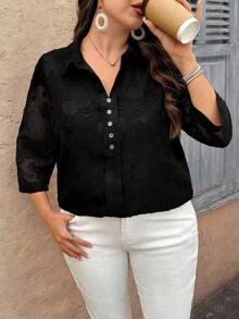 Blusa casual de mujer talla grande de unicolor, cuello en V, manga 3/4, decoración con botones, de tela de chifón jacquard - Negro - Ver 7