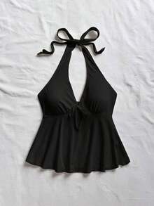 Bata escote en V con lazo y espalda descubierta informal de estilo casual para vacaciones, adecuada para el verano - Negro - Ver 5