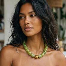 Colorful Beaded Choker Necklace For Women: Boho Large Square Acrylic Beaded Necklace Stainless Steel Adjustable Surfer Beach Strand Necklaces Summer Handmade Jewelry Gift For Women - Green - View 4