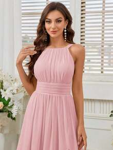 Belle Vestido de dama de honor con cuello de halter de unicolor, cintura imperio y abertura frontal alta.Elegante vestido color púrpura claro para boda. - Rosa - Ver 8