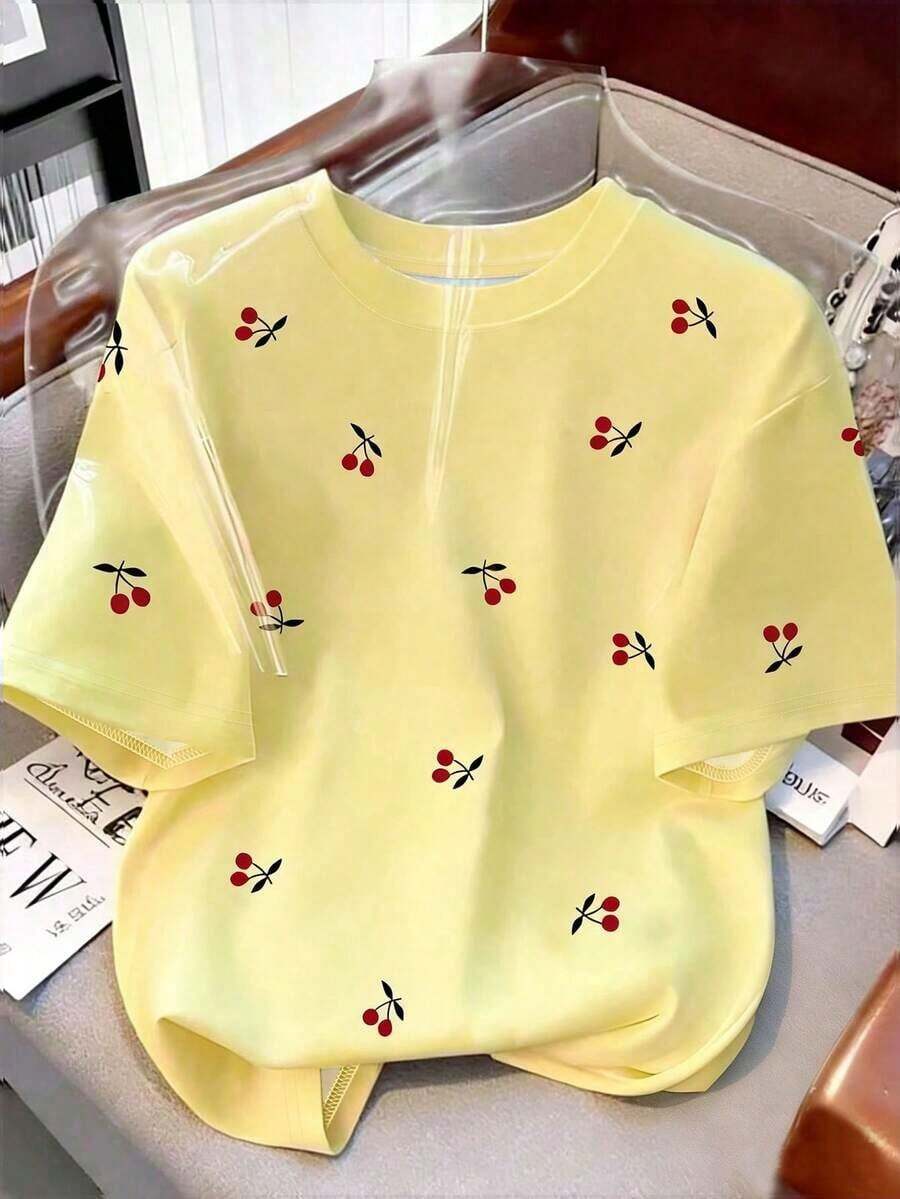 Camiseta regular de mujer, efecto de mezclilla con contraste de color y estampado de perrito de mezclilla - Multicolor 9 - Ver 1