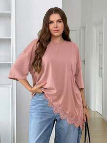 LUNE Camiseta de talla grande con parches de encaje y bajo asimétrico de unicolor - Rosa - Ver 4