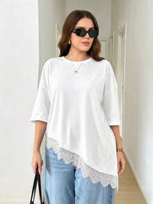 LUNE Camiseta de talla grande con parches de encaje y bajo asimétrico de unicolor - Blanco - Ver 5