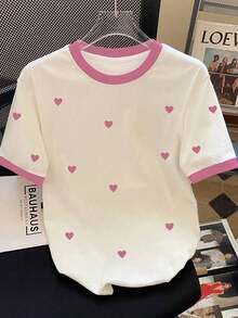 Camiseta casual versátil de manga corta con cuello redondo y estampado de corazón para mujer de talla grande - Rosa - Ver 1