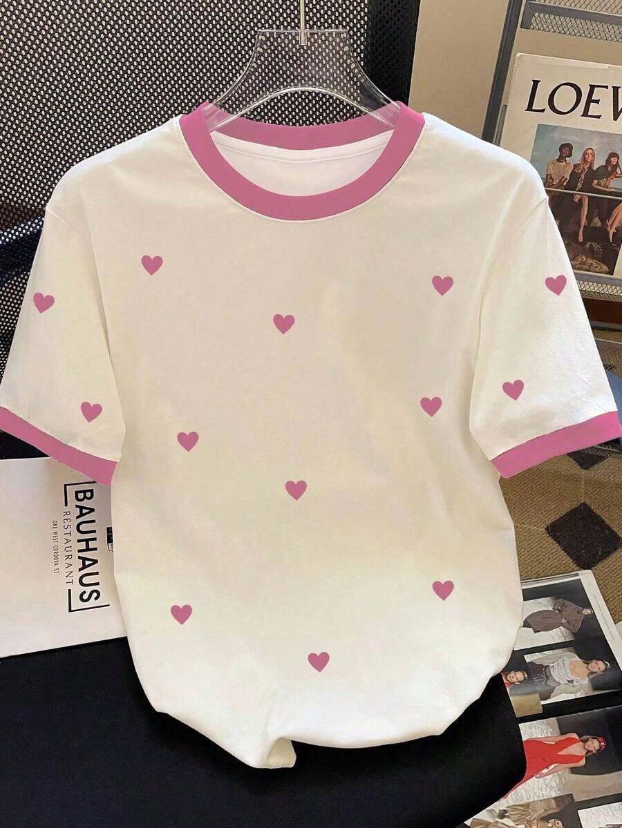Camiseta casual versátil de manga corta con cuello redondo y estampado de corazón para mujer de talla grande - Rosa - Ver 1
