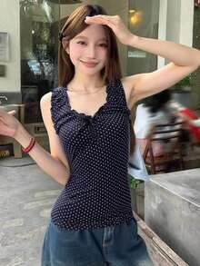 Blusa elegante sin mangas con lazo y lunares, estilo coreano para mujer - Azul marino - Ver 5