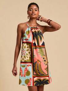 Vestido corto holgado con hombros al descubierto y estampado tejido para mujeres para vacaciones - Multicolor 3 - Ver 6