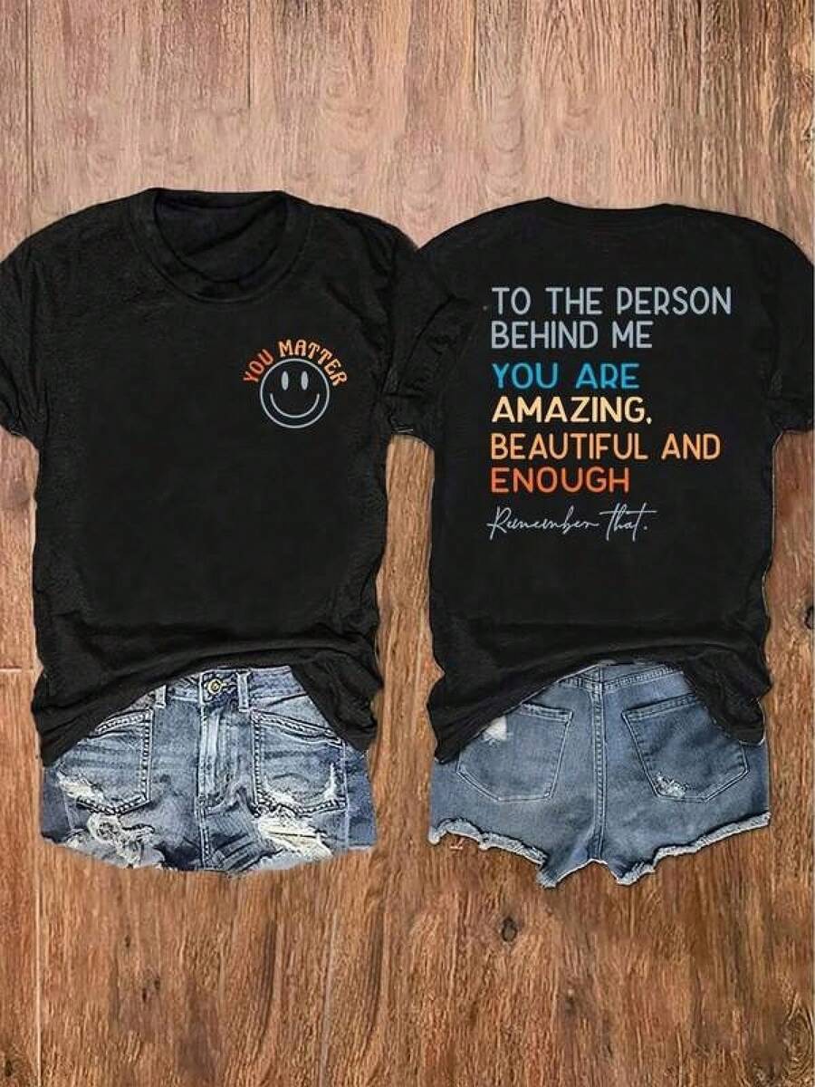 1 Pieza Camiseta Unisex Holgada 180g 100% Algodón Puro, Camiseta única Y2K con diseño inspirador "Tú importas" y mensaje positivo "Eres increíble, hermosa y suficiente" perfecta para lucir estilo y motivación en cualquier ocasión. Ideal para quienes aman la moda y los mensajes alentadores. - Negro - Ver 1